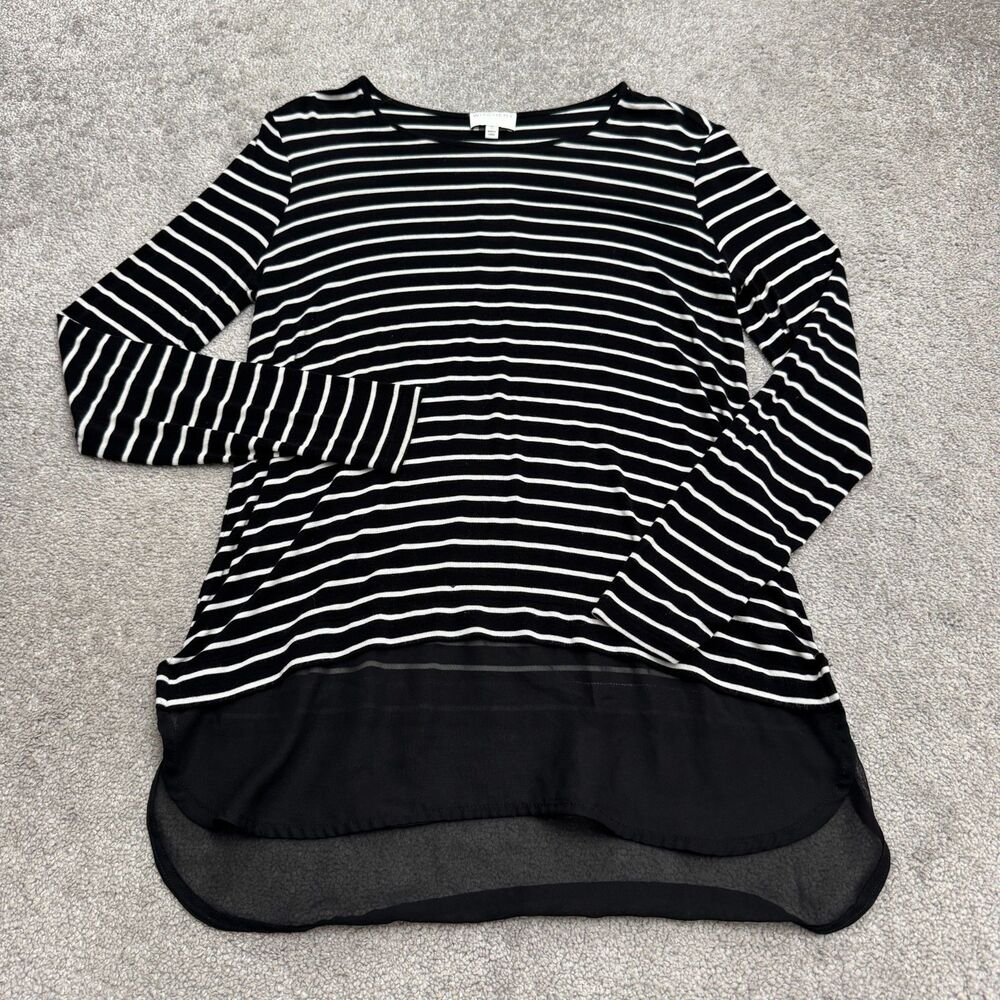 Witchery Striped Hi-Low Shift Dress Womens Small Black White Long Sleeve Sheer